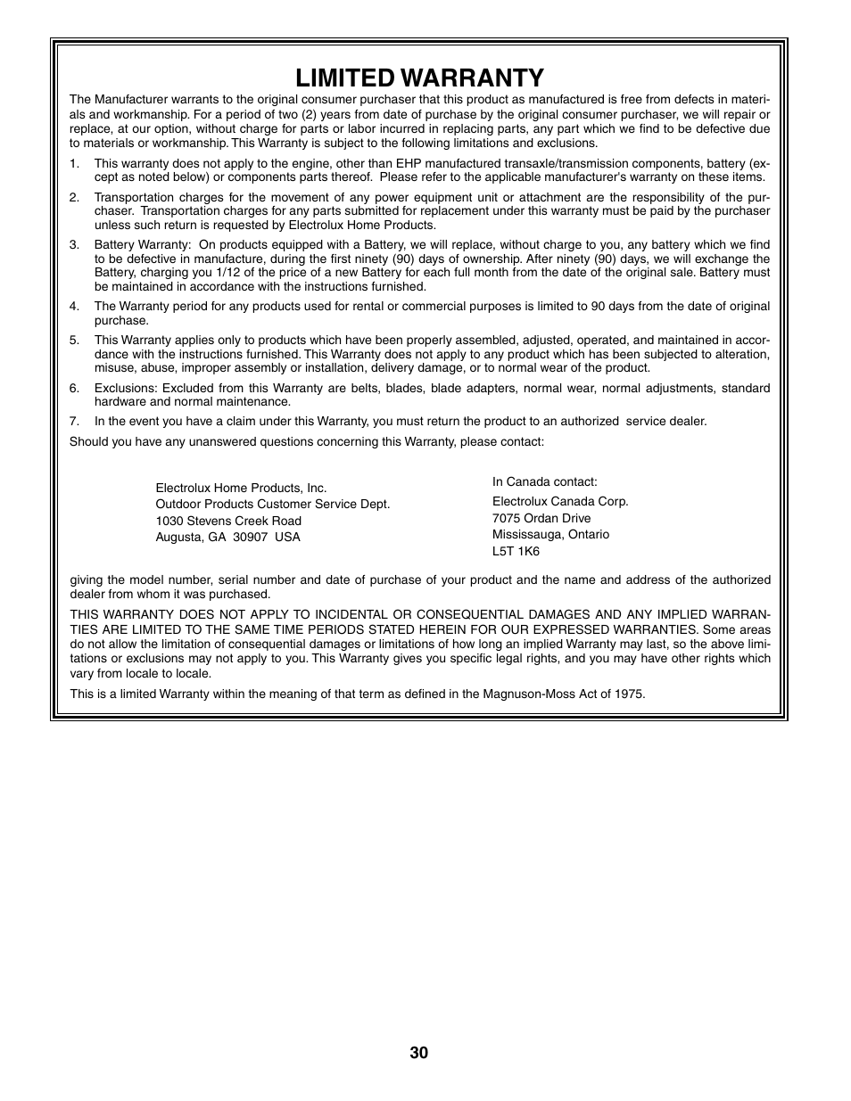 Limited warranty | Poulan 196712 User Manual | Page 30 / 32