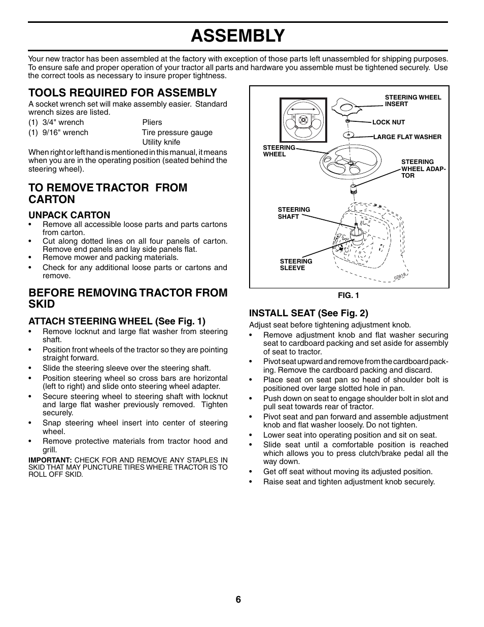 Assembly, Tools required for assembly, Before removing trac tor from skid | Poulan 196712 User Manual | Page 6 / 32