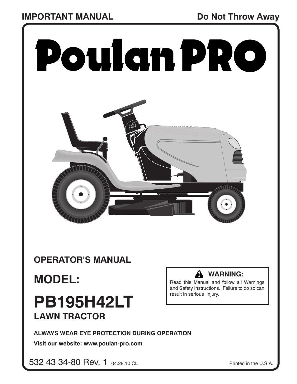 Poulan Pro PB195H42LT LAWN TRACTOR User Manual | 28 pages