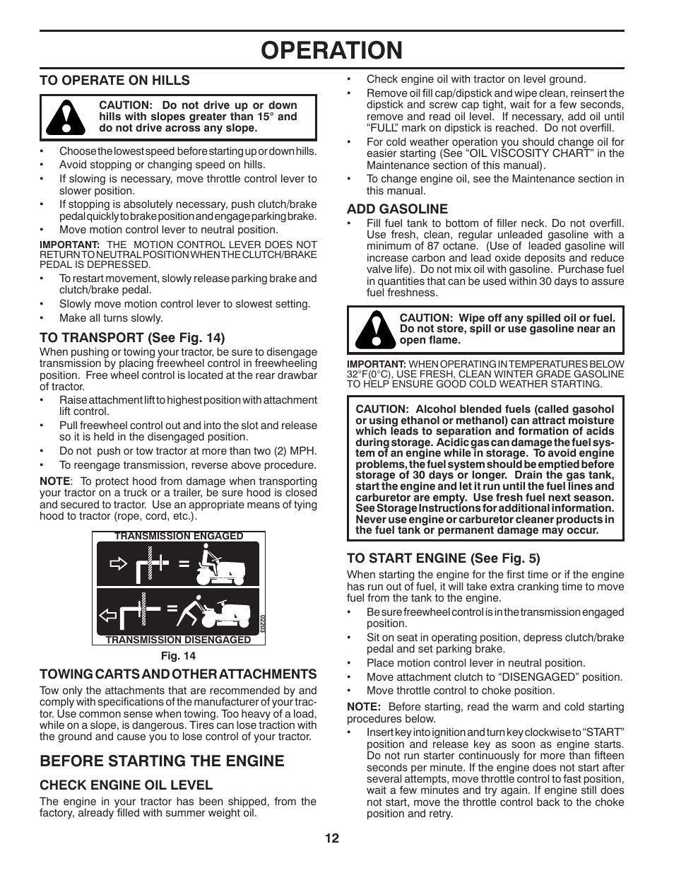Operation, Before starting the engine | Poulan Pro PB195H42LT LAWN TRACTOR User Manual | Page 12 / 28