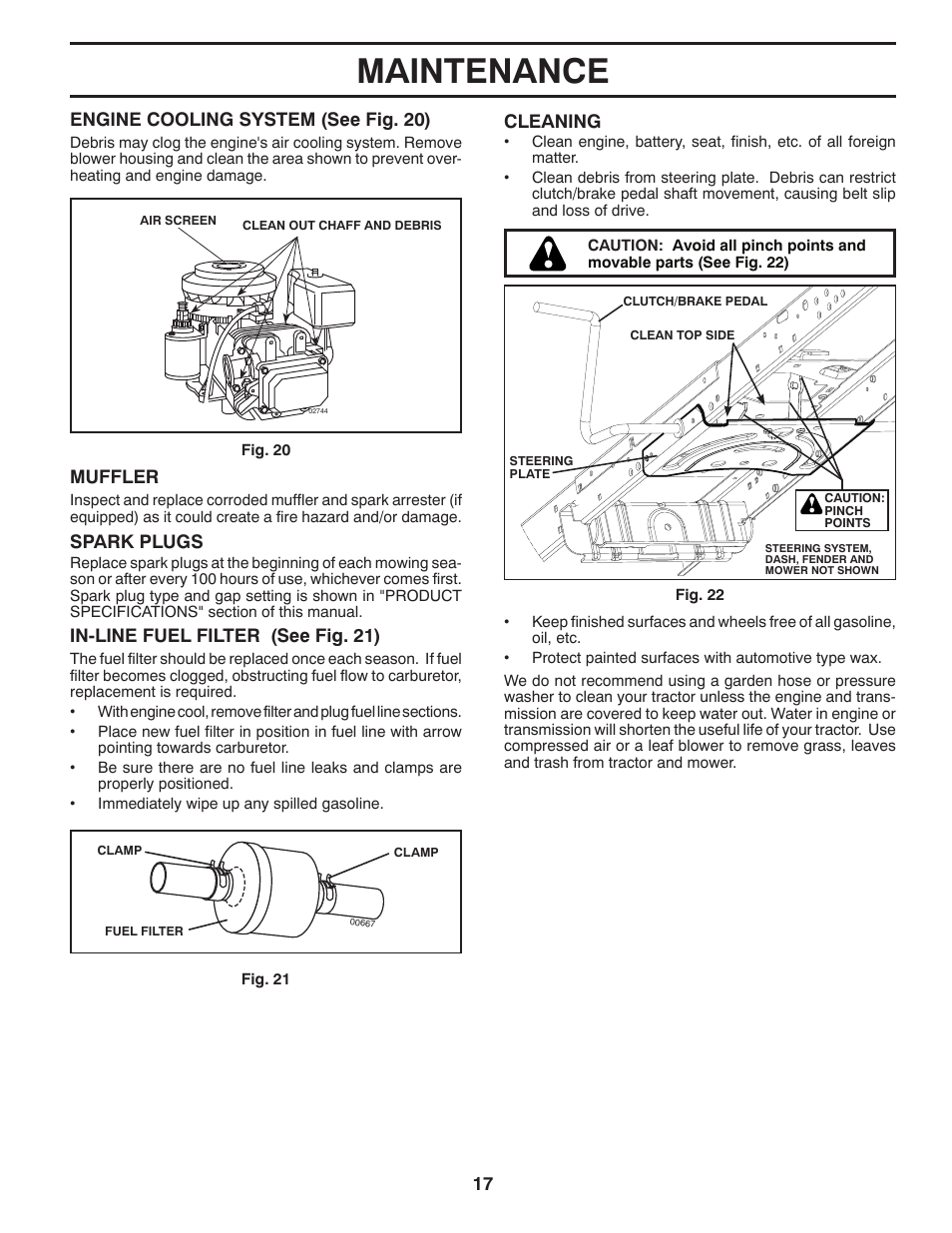 Maintenance, 17 in-line fuel filter (see fig. 21), Muffler | Spark plugs, Engine cooling system (see fig. 20), Cleaning | Poulan Pro PB195H42LT LAWN TRACTOR User Manual | Page 17 / 28