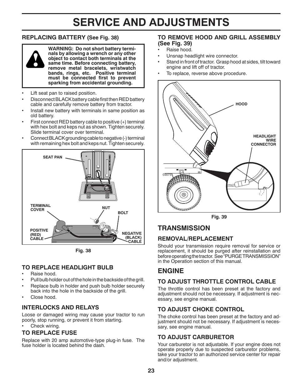 Service and adjustments, Engine, Transmission | Poulan Pro PB195H42LT LAWN TRACTOR User Manual | Page 23 / 28