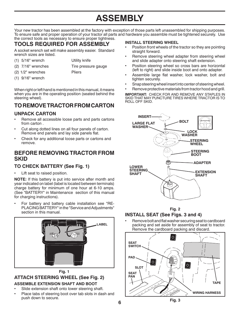 Assembly, Tools required for assembly, Before removing tractor from skid | Poulan Pro PB195H42LT LAWN TRACTOR User Manual | Page 6 / 28