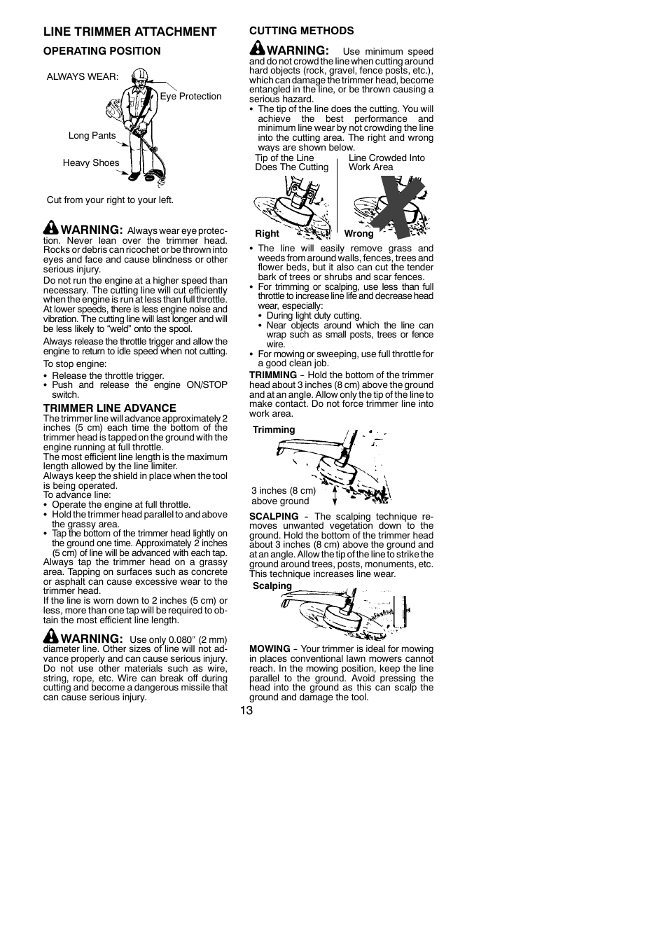 13 line trimmer attachment, Warning | Poulan Pro PP25E User Manual | Page 13 / 21