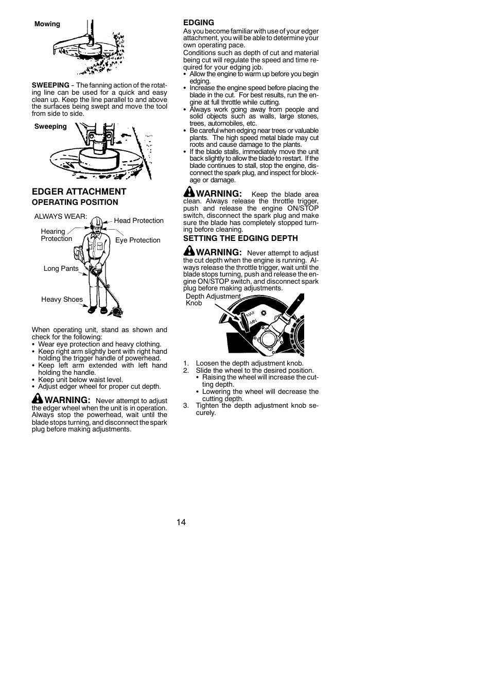 Edger attachment, Warning | Poulan Pro PP25E User Manual | Page 14 / 21