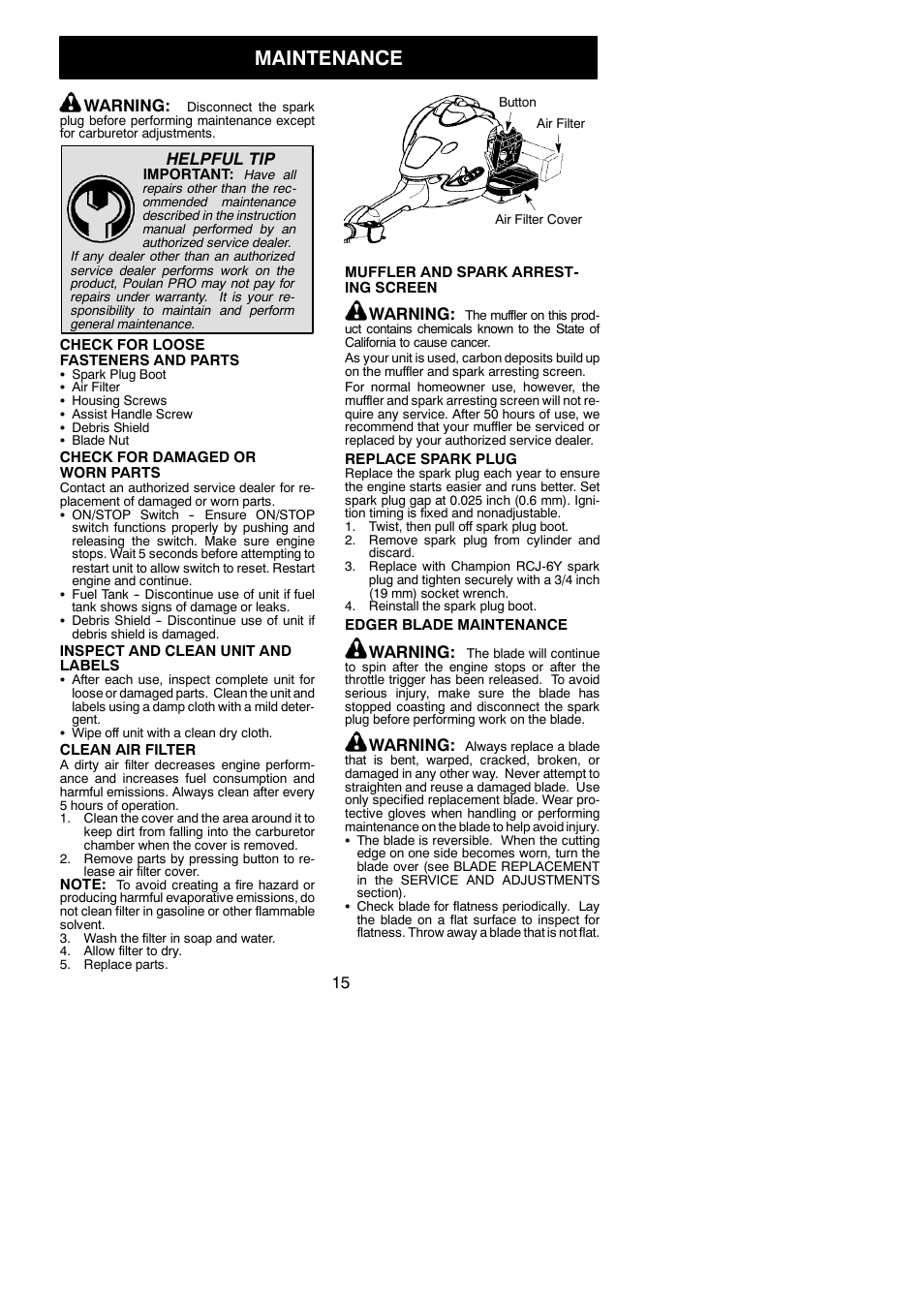 Maintenance, Warning, Helpful tip | Poulan Pro PP25E User Manual | Page 15 / 21