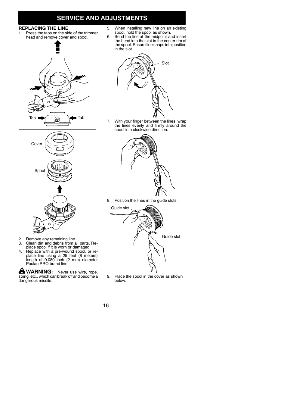 Service and adjustments, Warning | Poulan Pro PP25E User Manual | Page 16 / 21