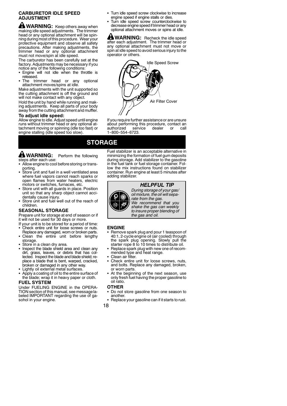 Storage, Warning, Helpful tip | Poulan Pro PP25E User Manual | Page 18 / 21