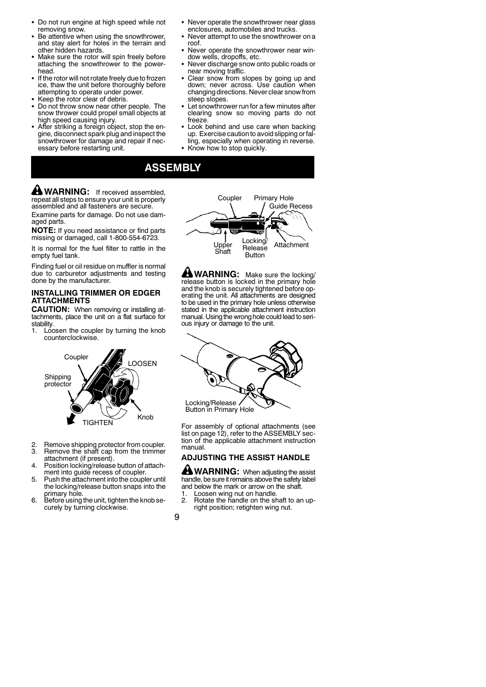 Assembly, Warning | Poulan Pro PP25E User Manual | Page 9 / 21