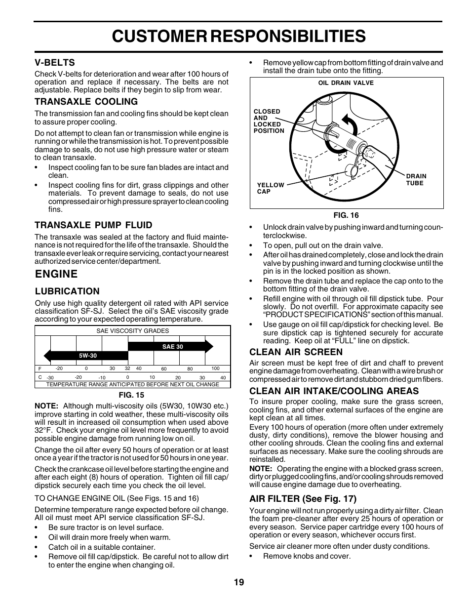 Customer responsibilities, Engine, Clean air screen | Transaxle cooling, Transaxle pump fluid, Clean air intake/cooling areas, Air filter (see fig. 17), V-belts, Lubrication | Poulan 180200 User Manual | Page 19 / 48