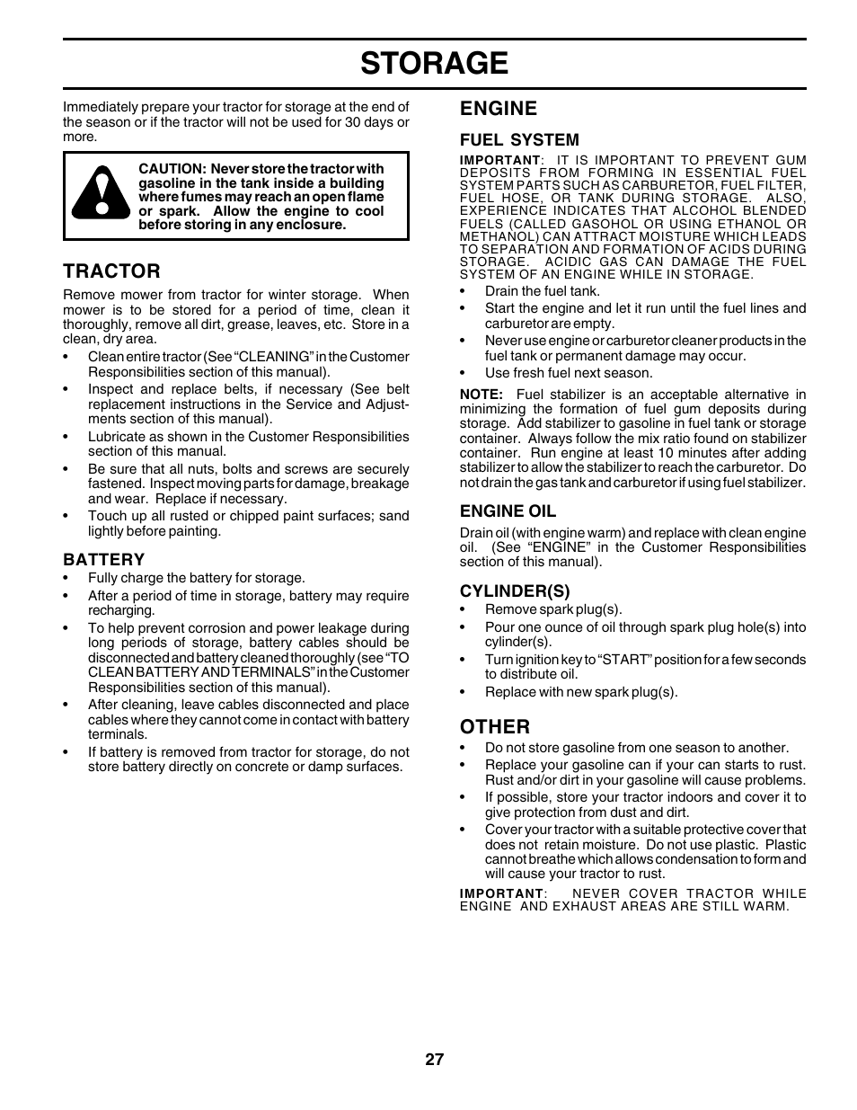 Storage, Tractor, Engine | Other | Poulan 180200 User Manual | Page 27 / 48