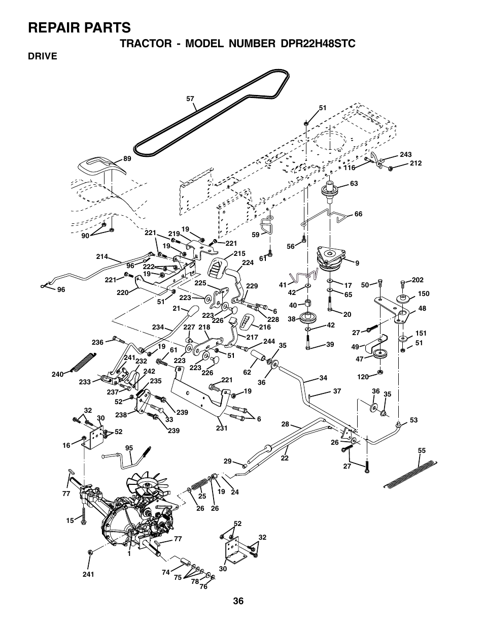 Repair parts, Tractor - model number dpr22h48stc, Drive | Poulan 180200 User Manual | Page 36 / 48