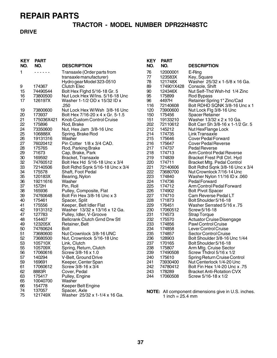 Repair parts, Tractor - model number dpr22h48stc | Poulan 180200 User Manual | Page 37 / 48