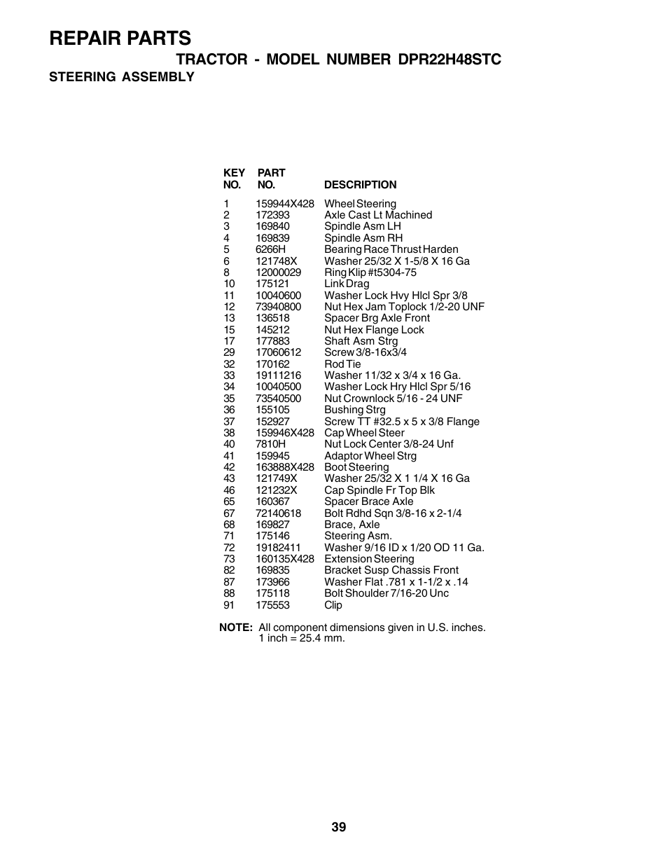 Repair parts, Tractor - model number dpr22h48stc | Poulan 180200 User Manual | Page 39 / 48