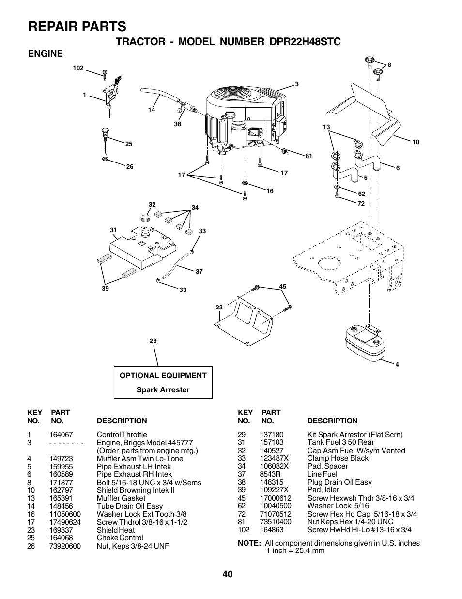 Repair parts, Tractor - model number dpr22h48stc | Poulan 180200 User Manual | Page 40 / 48