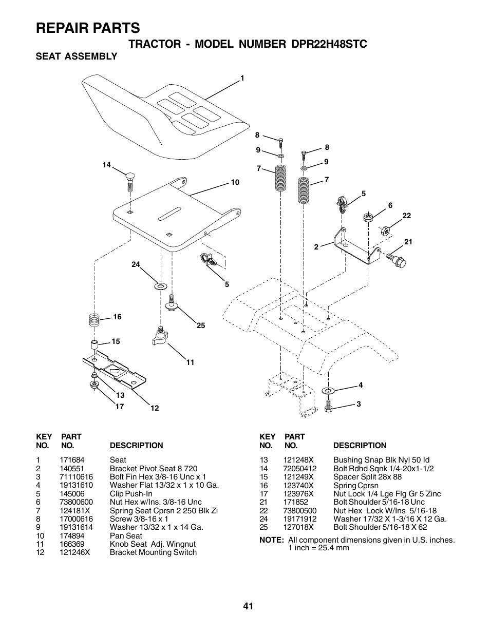 Repair parts, Tractor - model number dpr22h48stc | Poulan 180200 User Manual | Page 41 / 48