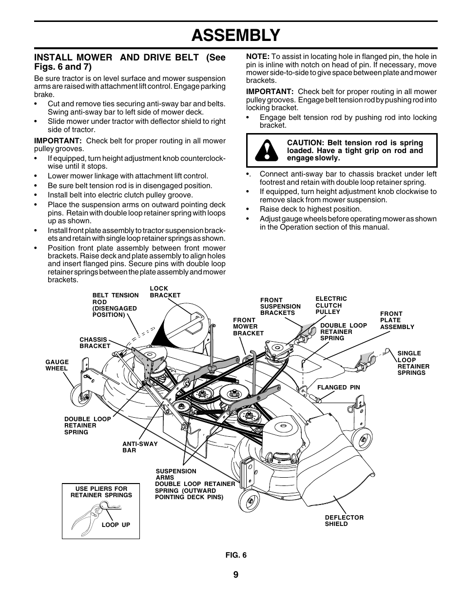 Assembly, Install mower and drive belt (see figs. 6 and 7) | Poulan 180200 User Manual | Page 9 / 48