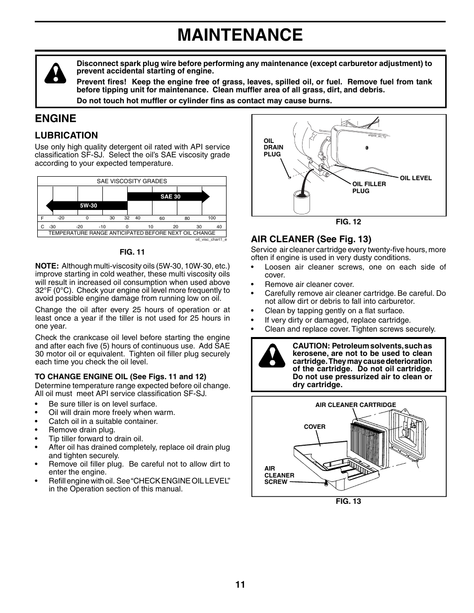 Maintenance, Engine, Lubrication | Air cleaner (see fig. 13) | Poulan AGF550A User Manual | Page 11 / 24