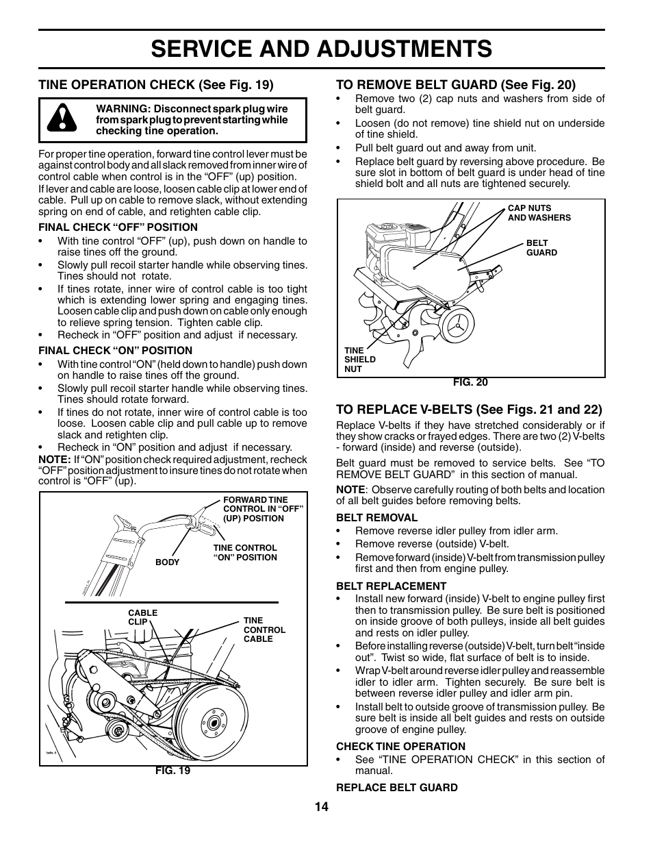 Service and adjustments, 14 tine operation check (see fig. 19) | Poulan AGF550A User Manual | Page 14 / 24