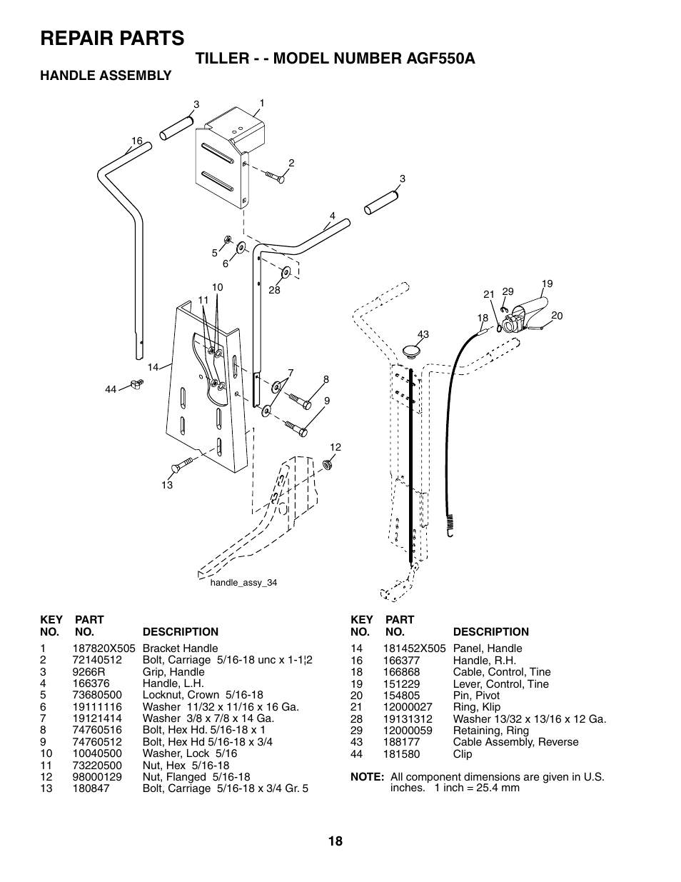 Repair parts, Tiller - - model number agf550a | Poulan AGF550A User Manual | Page 18 / 24