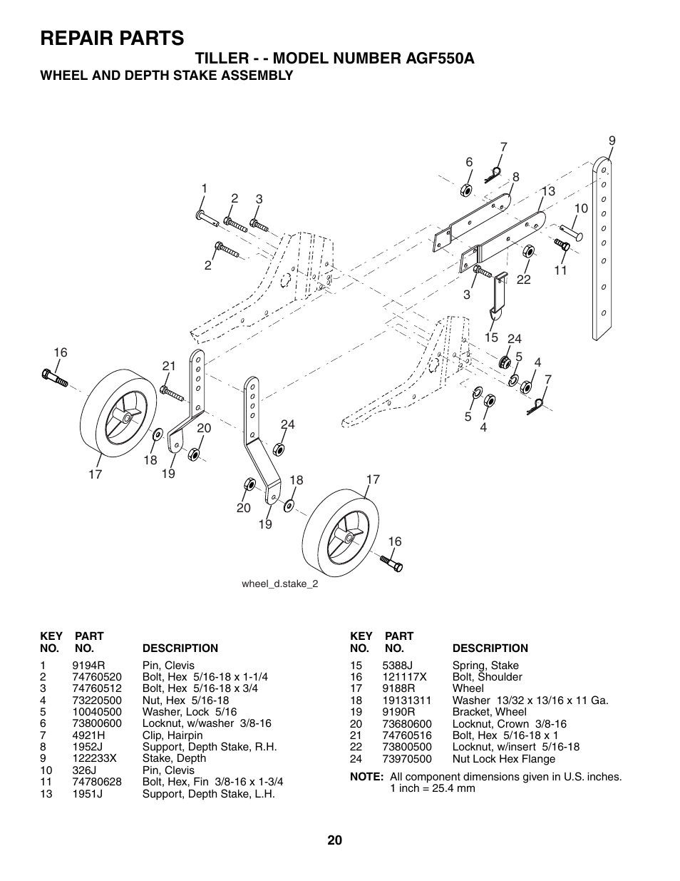 Repair parts, Tiller - - model number agf550a | Poulan AGF550A User Manual | Page 20 / 24