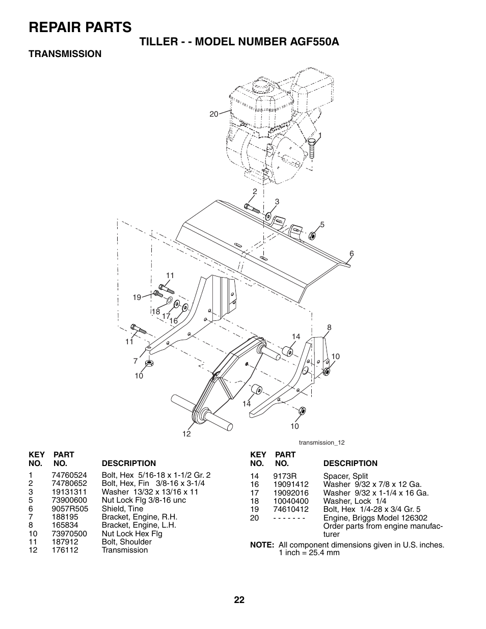 Repair parts, Tiller - - model number agf550a | Poulan AGF550A User Manual | Page 22 / 24