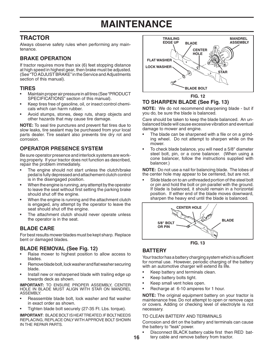 Maintenance, Tractor | Poulan 191920 User Manual | Page 16 / 30