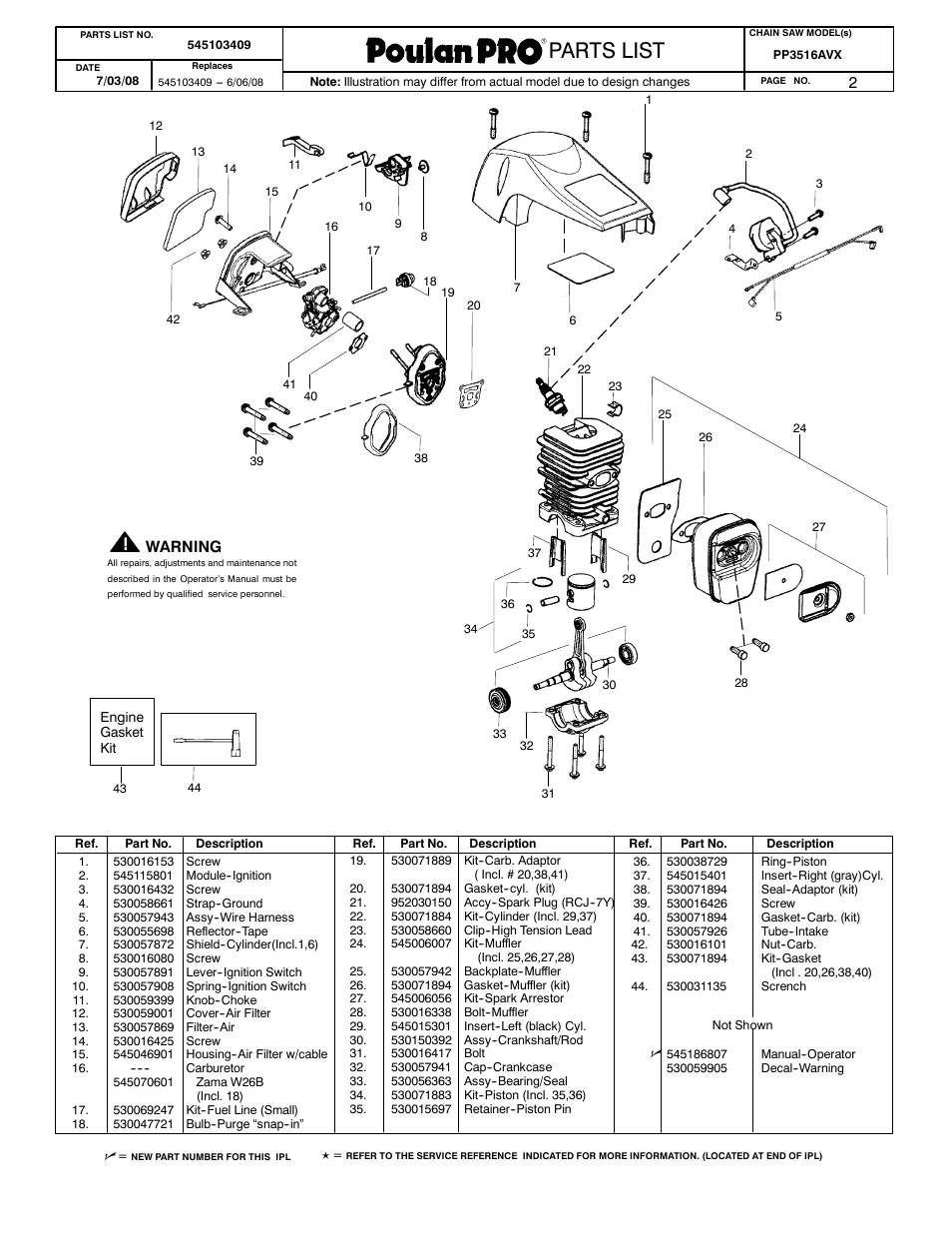 Poulan pro, Parts, List | Poulan 545103409 User Manual | Page 2 / 2