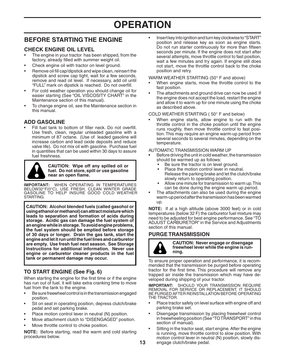 Operation, Before starting the engine | Poulan 188774 User Manual | Page 13 / 44