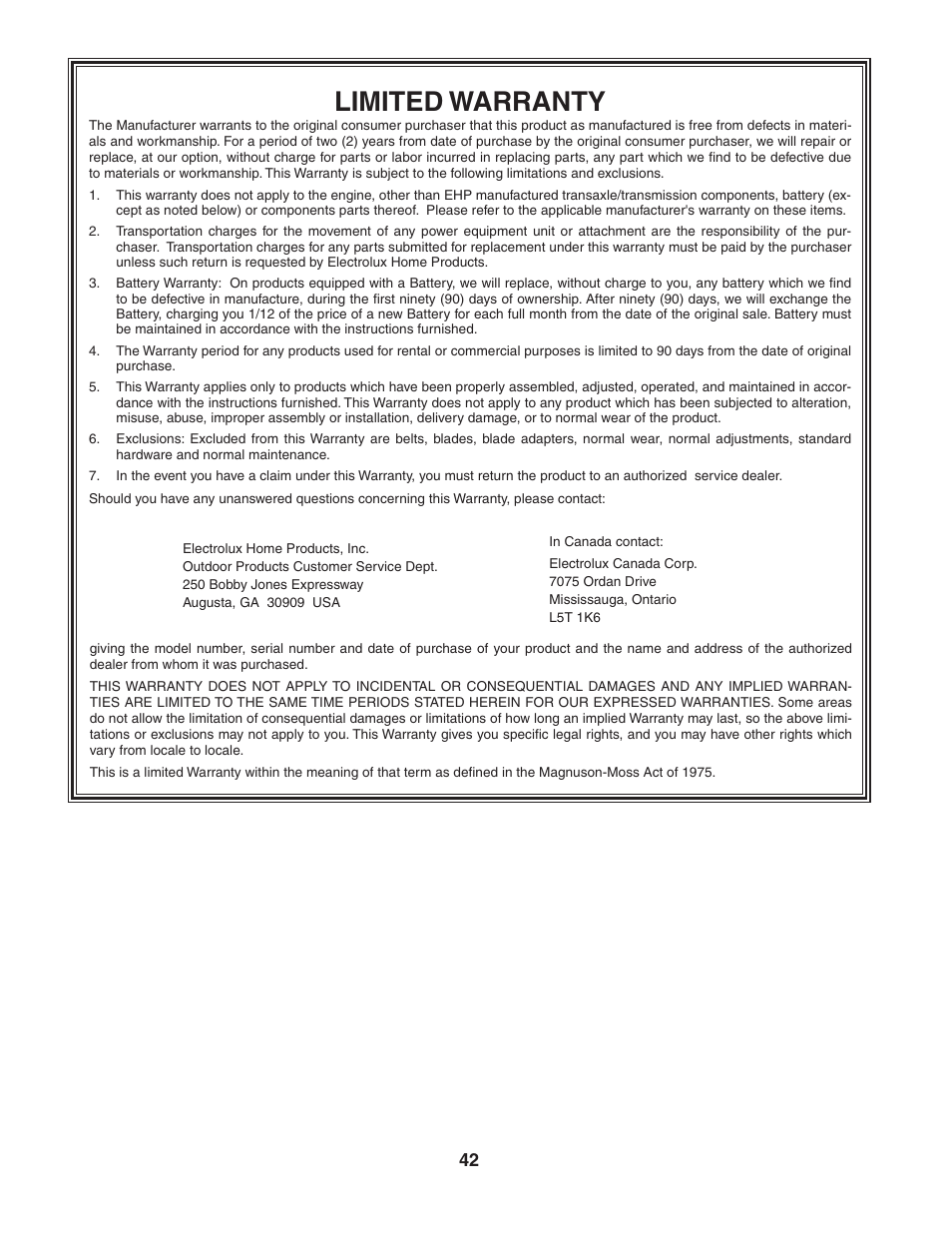 Limited warranty | Poulan 188774 User Manual | Page 42 / 44