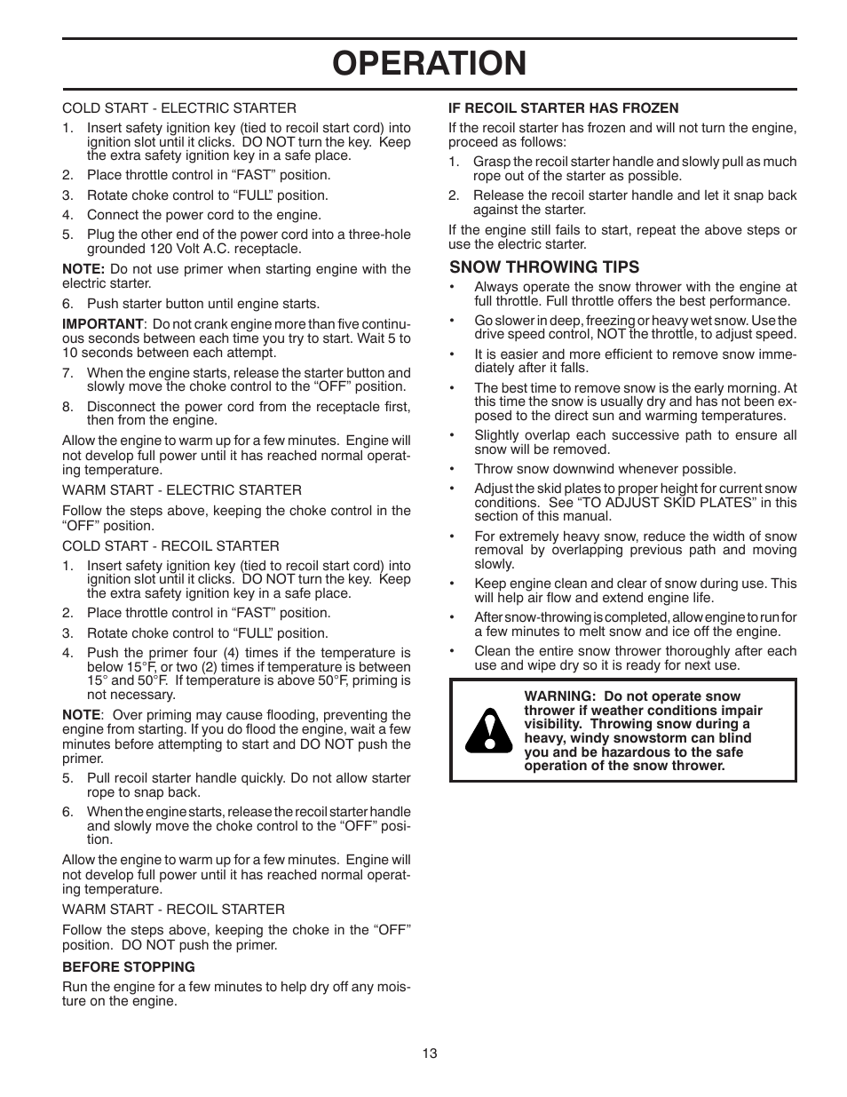 Operation | Poulan Pro PP265E27 SNOW THROWER User Manual | Page 13 / 44