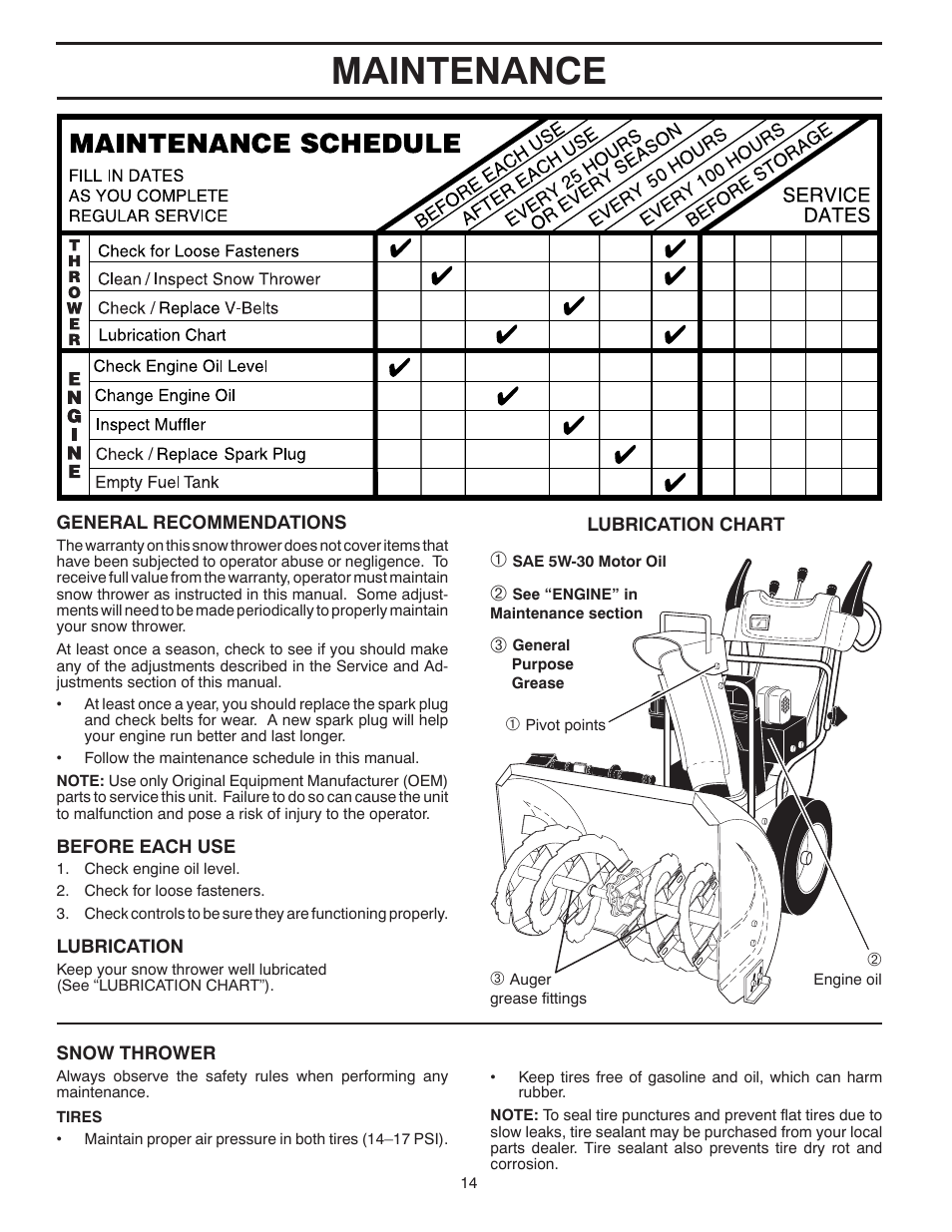Maintenance | Poulan Pro PP265E27 SNOW THROWER User Manual | Page 14 / 44