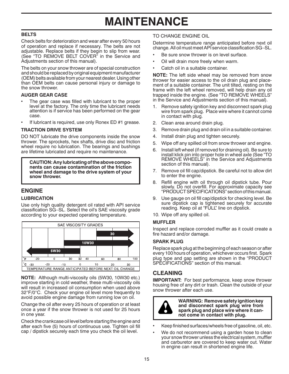 Maintenance | Poulan Pro PP265E27 SNOW THROWER User Manual | Page 15 / 44
