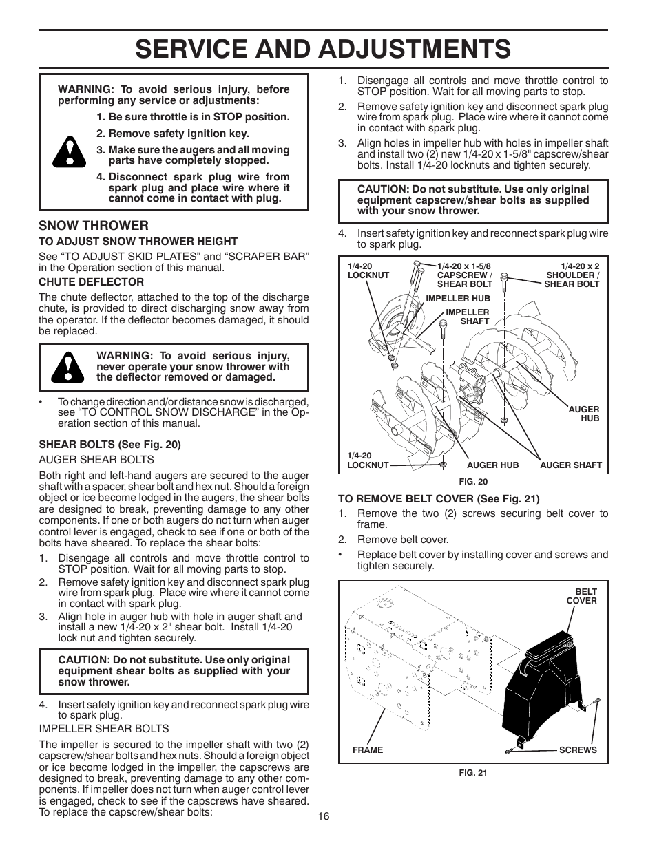 Service and adjustments, Snow thrower | Poulan Pro PP265E27 SNOW THROWER User Manual | Page 16 / 44