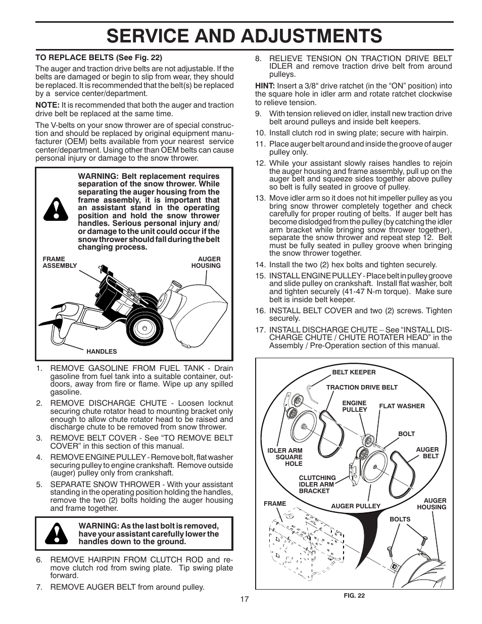 Service and adjustments | Poulan Pro PP265E27 SNOW THROWER User Manual | Page 17 / 44