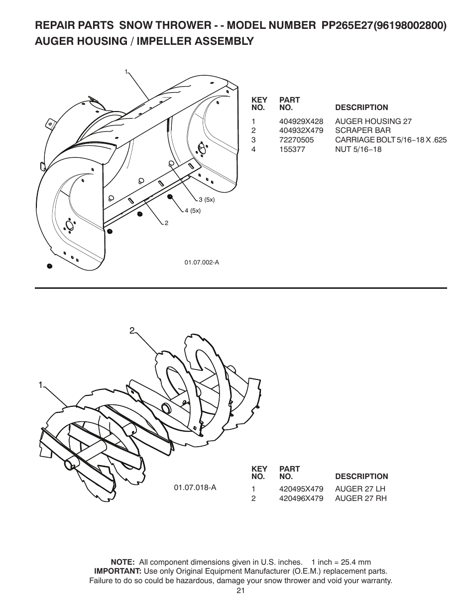 Repair parts, Auger housing / impeller assembly | Poulan Pro PP265E27 SNOW THROWER User Manual | Page 21 / 44