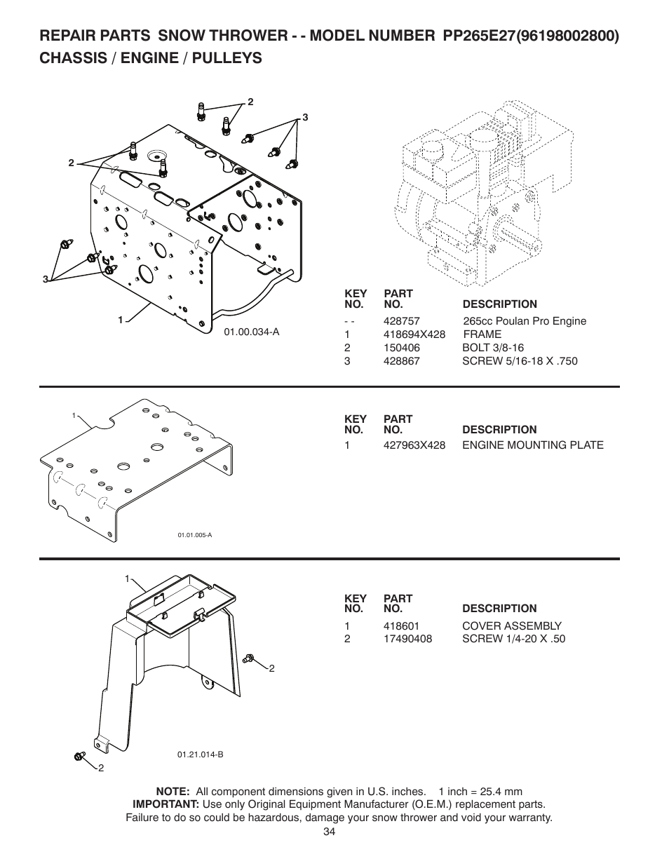 Chassis / engine / pulleys | Poulan Pro PP265E27 SNOW THROWER User Manual | Page 34 / 44