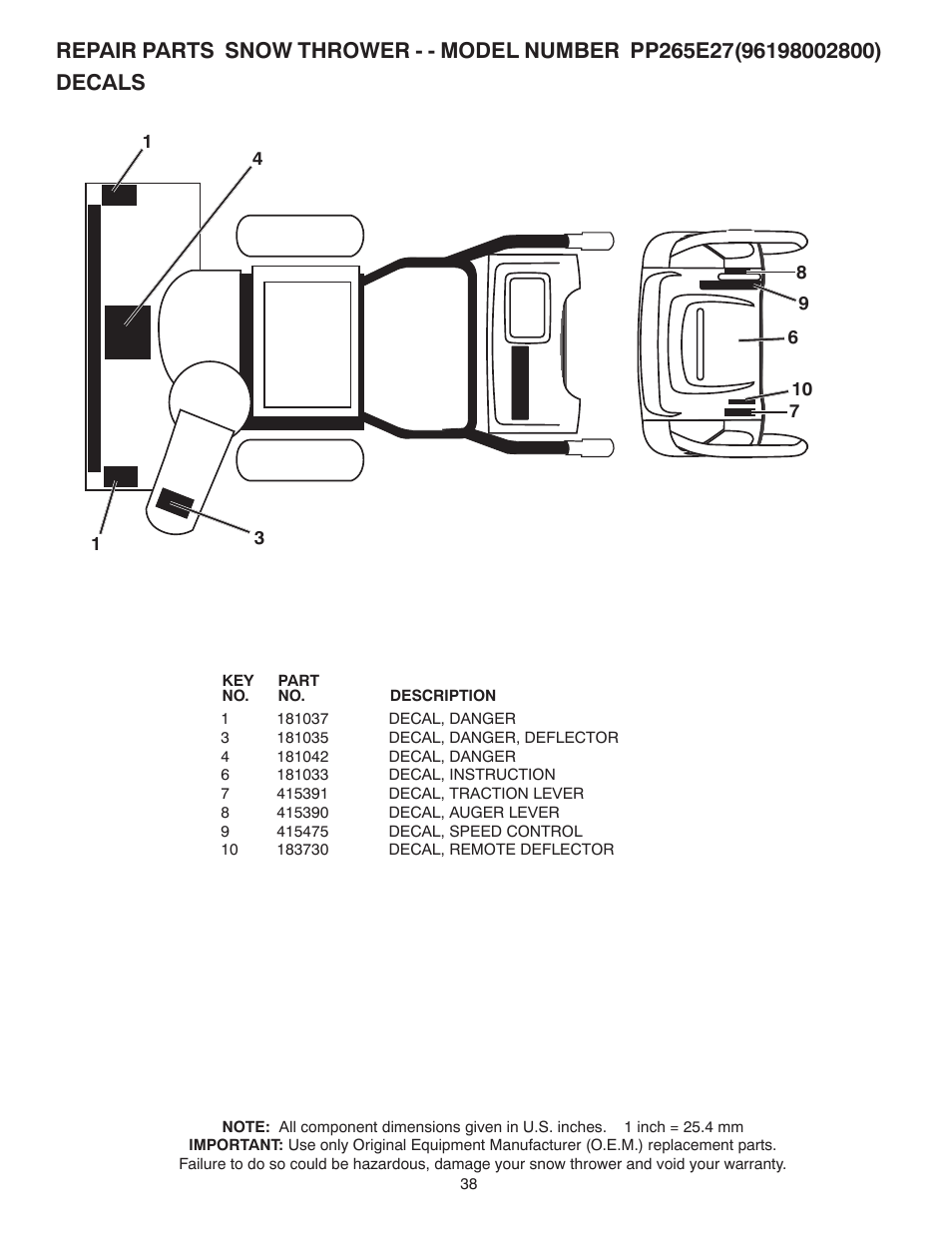 Decals | Poulan Pro PP265E27 SNOW THROWER User Manual | Page 38 / 44