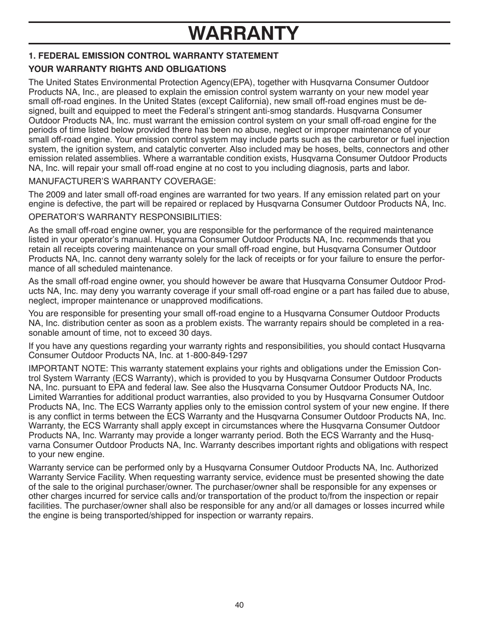 Warranty | Poulan Pro PP265E27 SNOW THROWER User Manual | Page 40 / 44