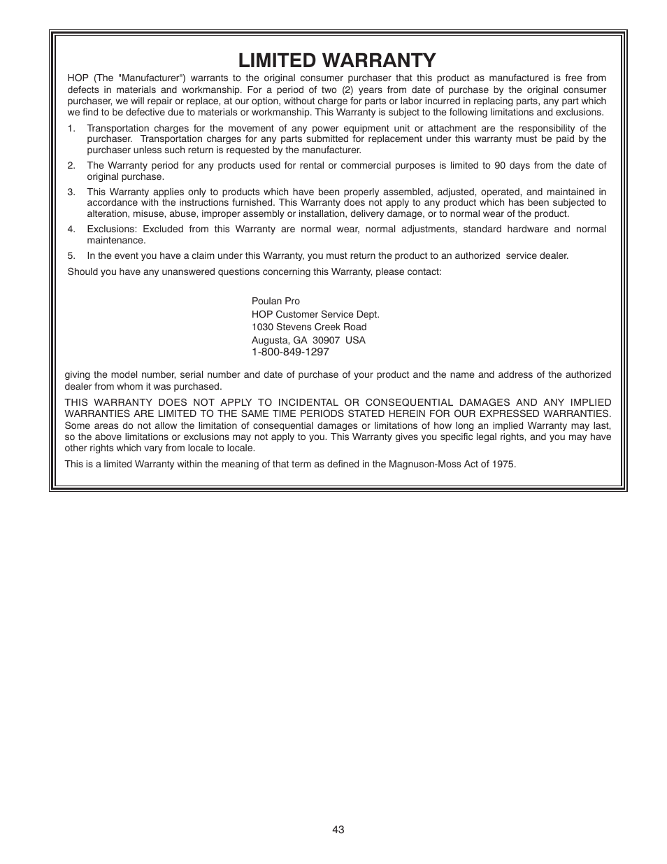 Limited warranty | Poulan Pro PP265E27 SNOW THROWER User Manual | Page 43 / 44