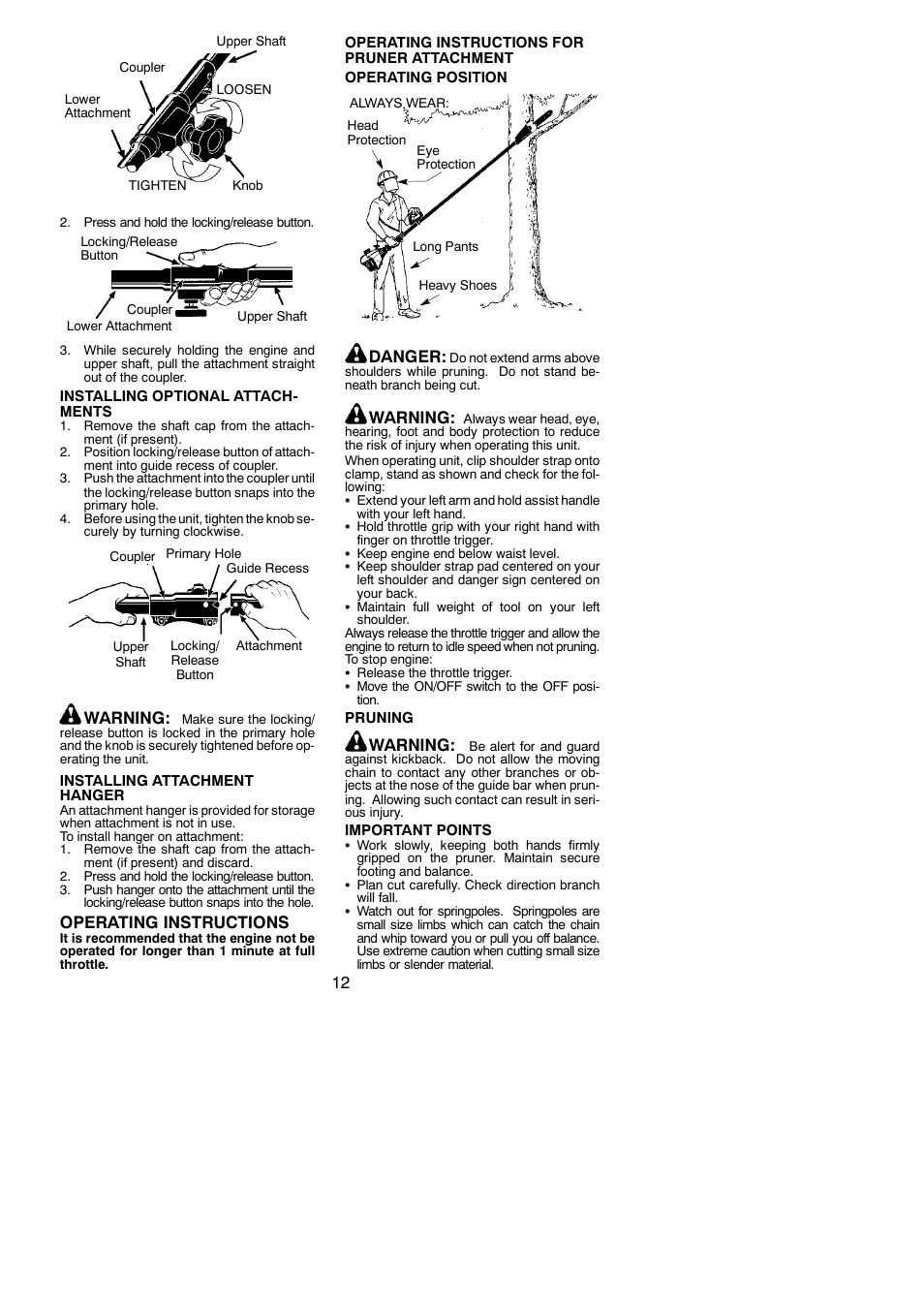 Warning, Operating instructions, Danger | Poulan 530165221 User Manual | Page 12 / 21