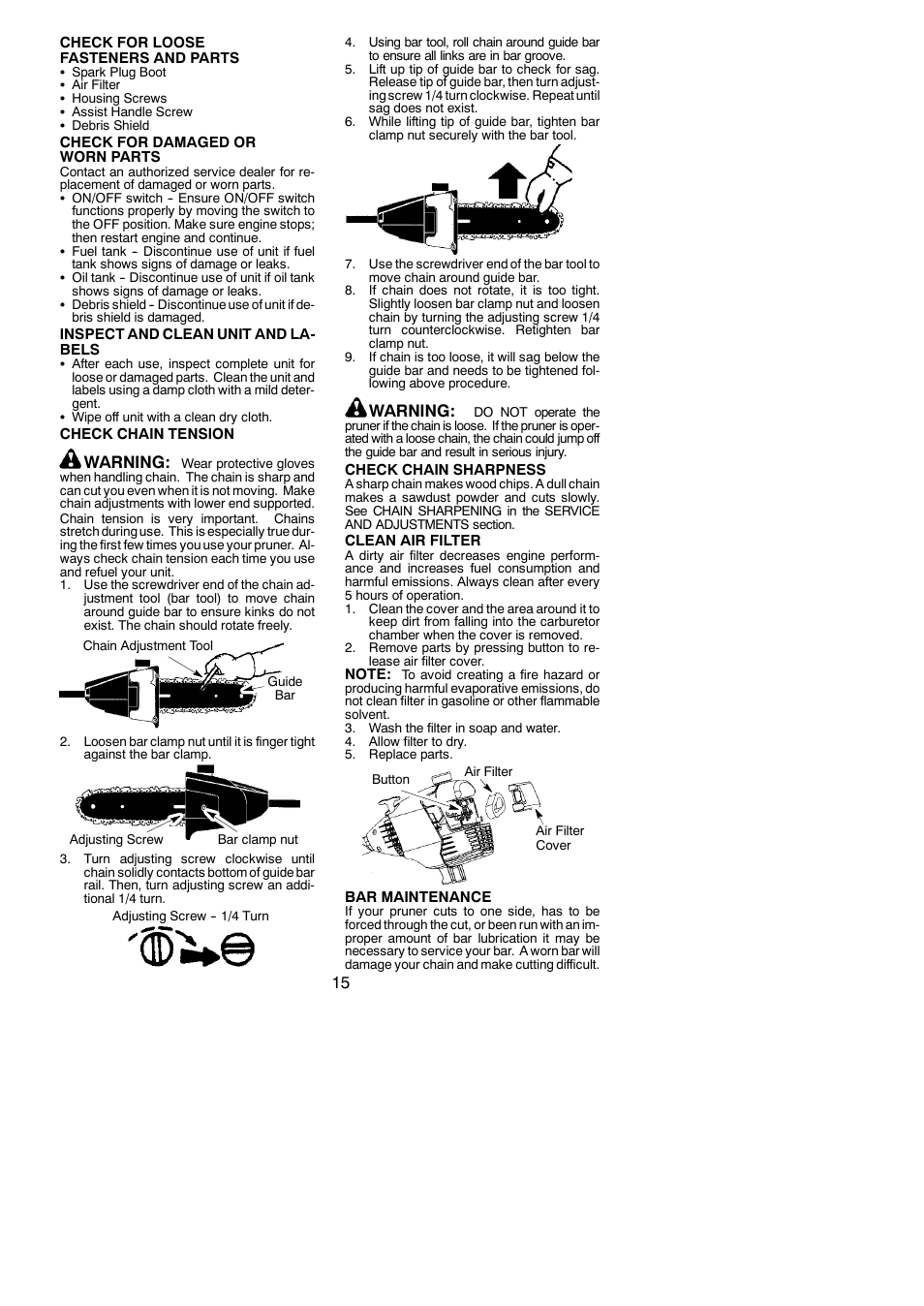 Warning | Poulan 530165221 User Manual | Page 15 / 21