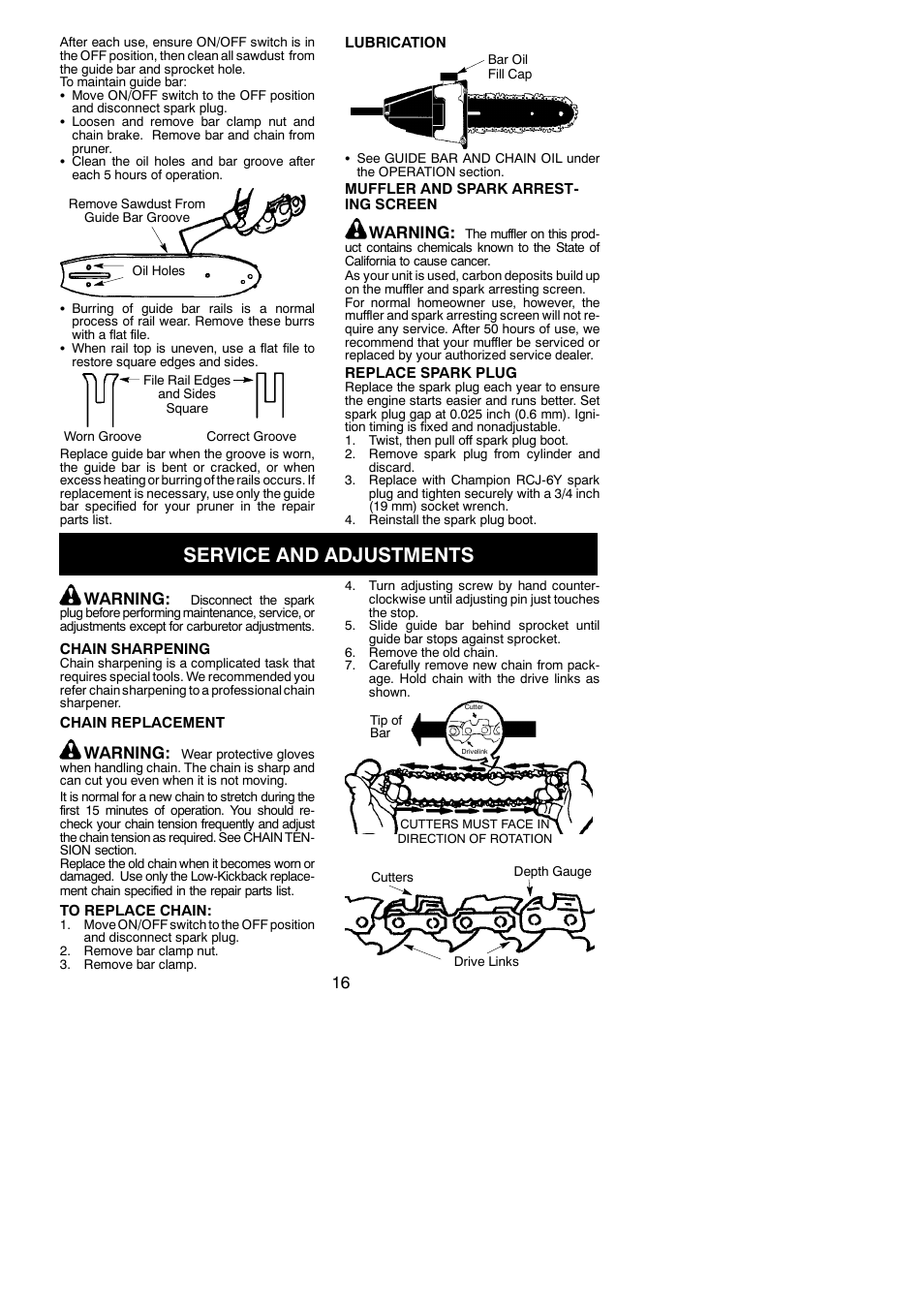 Service and adjustments, Warning | Poulan 530165221 User Manual | Page 16 / 21