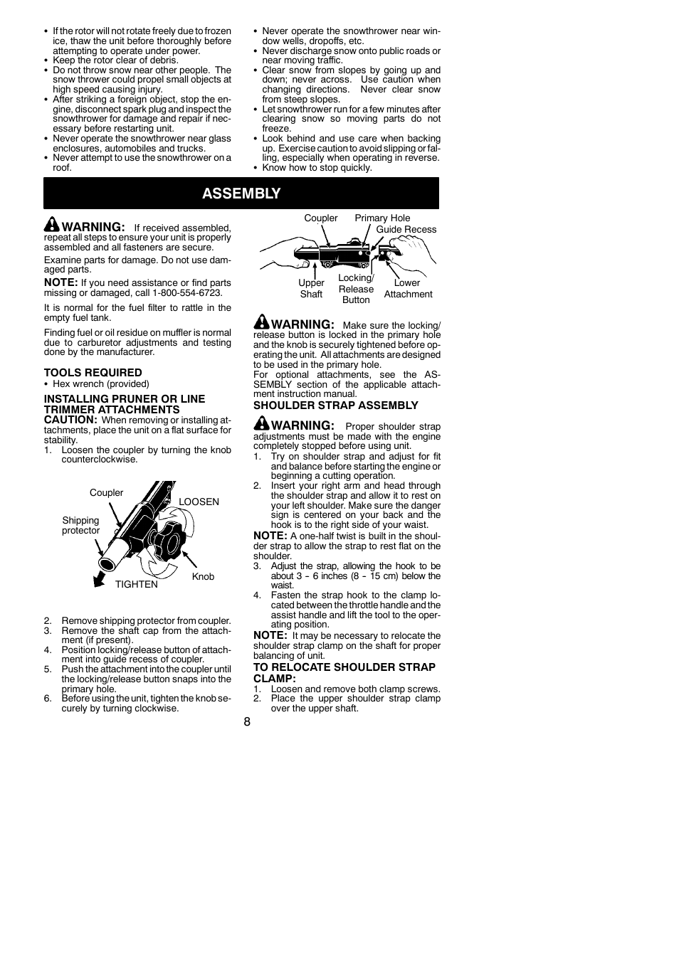 Assembly, Warning | Poulan 530165221 User Manual | Page 8 / 21