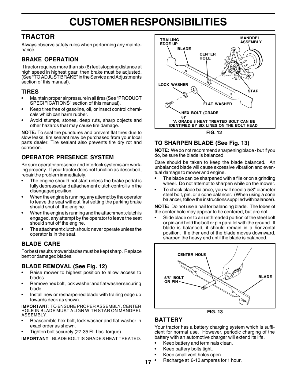 Customer responsibilities, Tractor | Poulan 180002 User Manual | Page 17 / 48