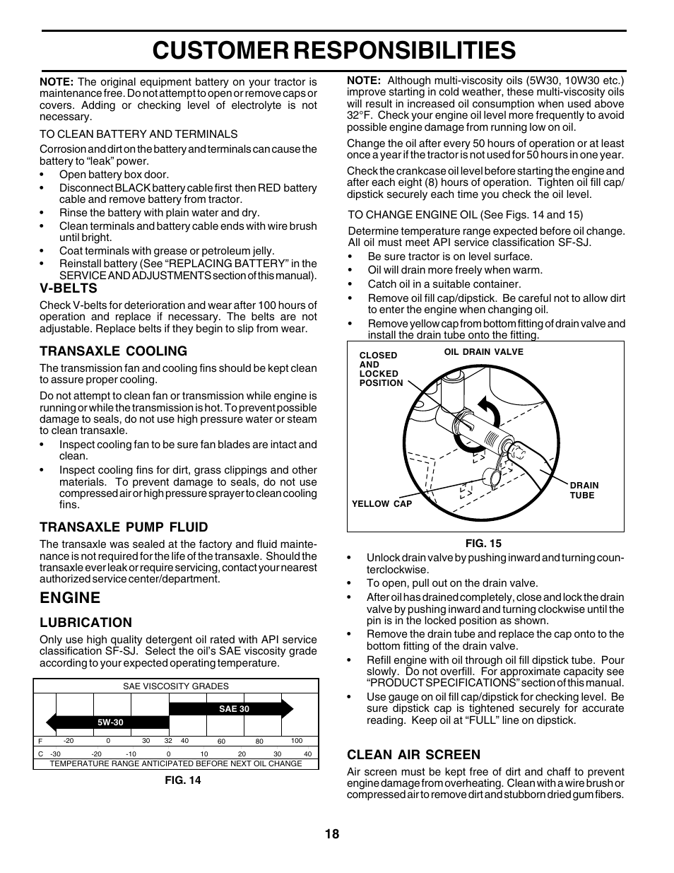 Customer responsibilities, Engine, V-belts | Transaxle cooling, Transaxle pump fluid, Clean air screen, Lubrication | Poulan 180002 User Manual | Page 18 / 48