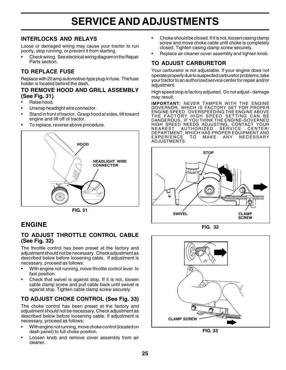 Service and adjustments, Engine | Poulan 180002 User Manual | Page 25 / 48