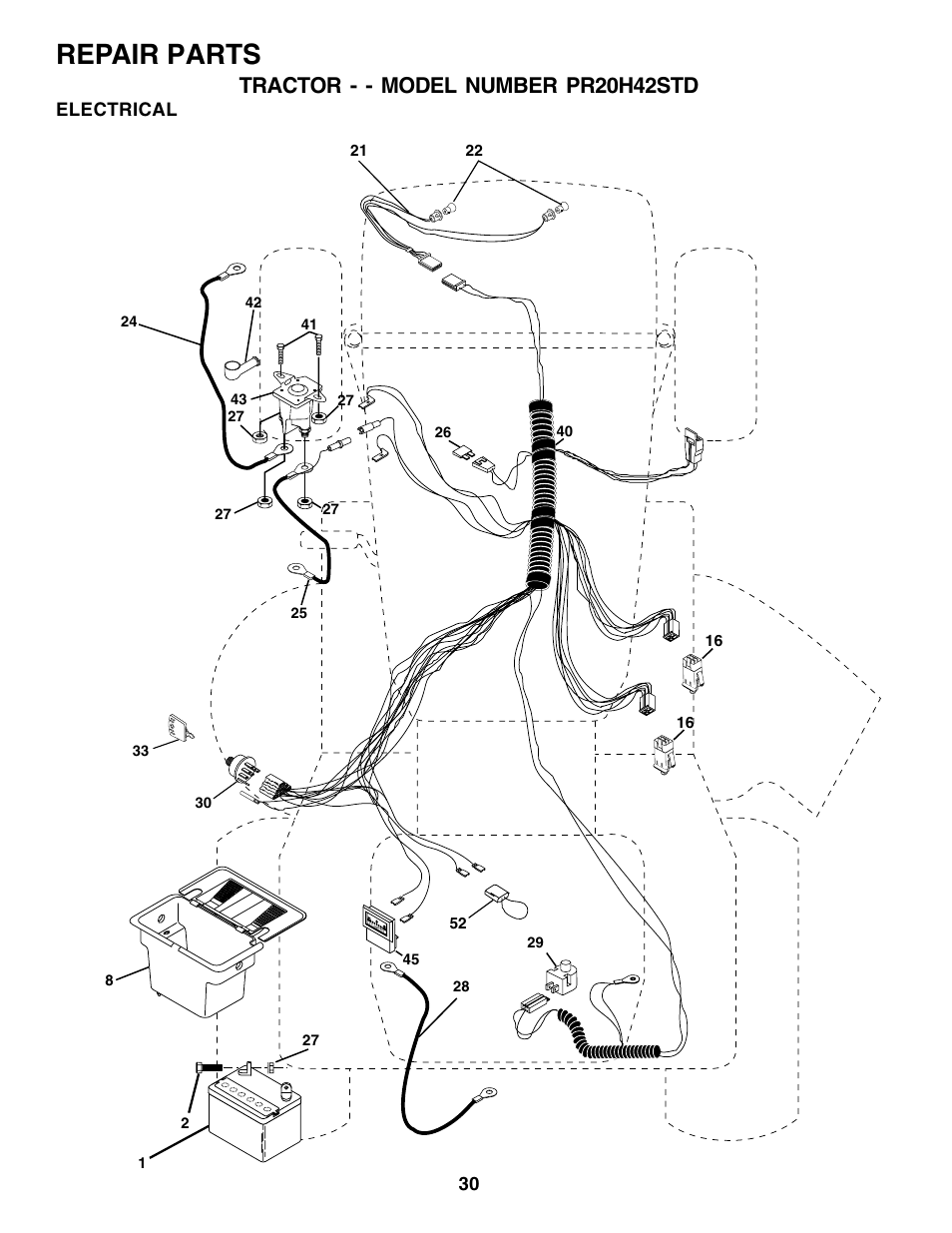 Repair parts, Tractor - - model number pr20h42std, Electrical | Poulan 180002 User Manual | Page 30 / 48