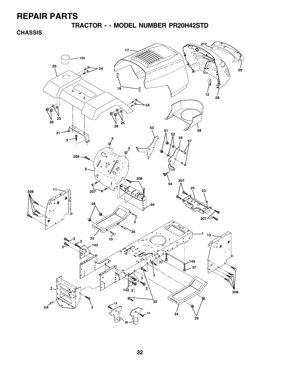 Repair parts, Tractor - - model number pr20h42std, Chassis | Poulan 180002 User Manual | Page 32 / 48