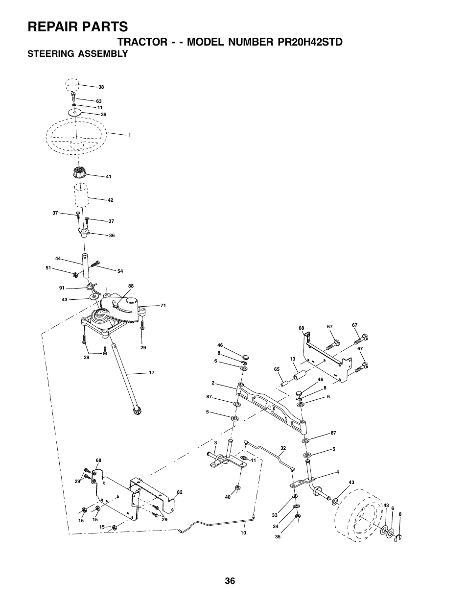 Repair parts, Tractor - - model number pr20h42std, Steering assembly | Poulan 180002 User Manual | Page 36 / 48